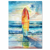Watercolor Painting of a Multicolored Surfboard Reflecting Ocean Sunset on Shoreline with Vibrant Sky and Rolling Waves on Ready to Hang 1.5" Thick Canvas Wrap, Floating Framed Canvas, Flat Rolled Canvas